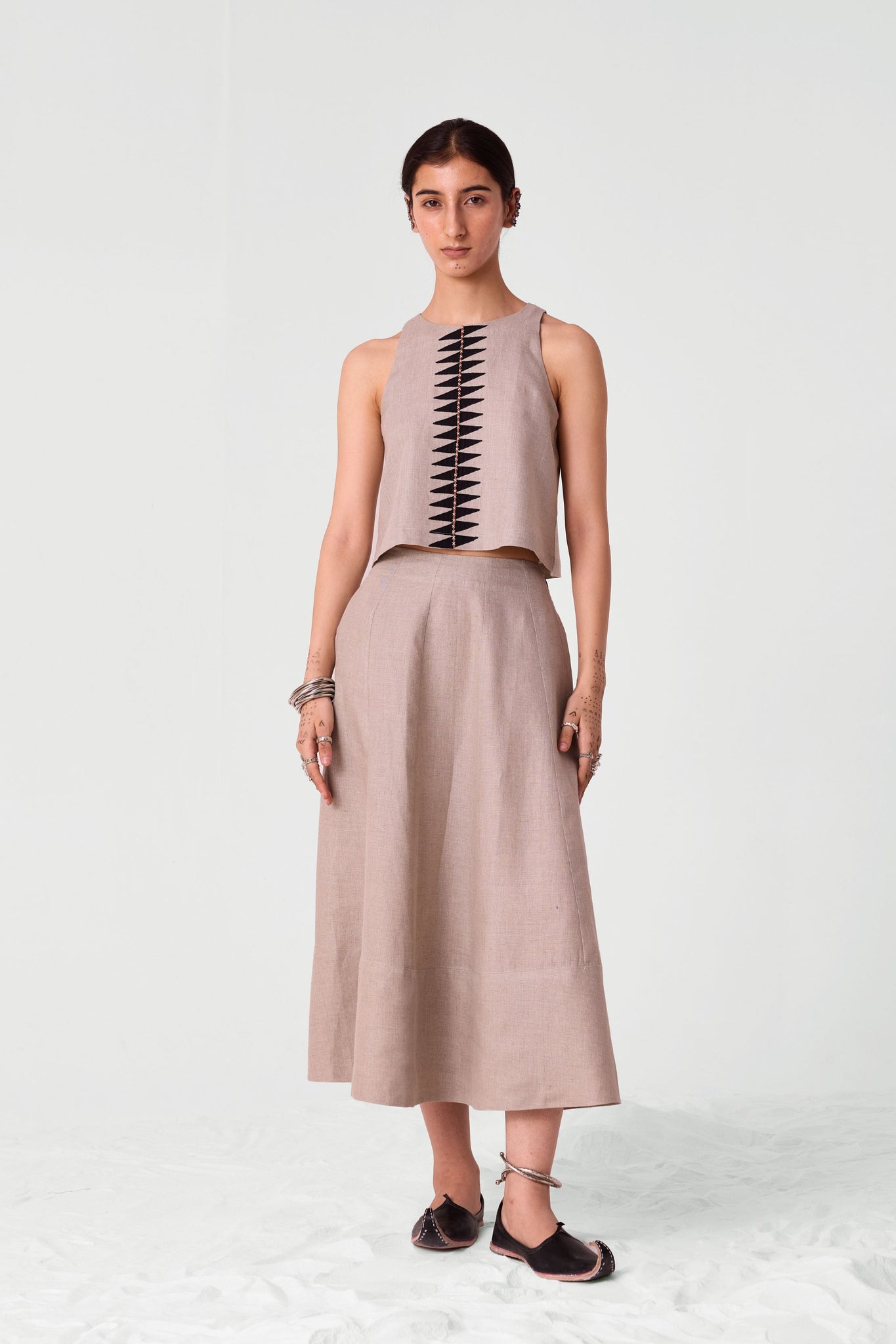 Toni beige Embroidered Linen Top