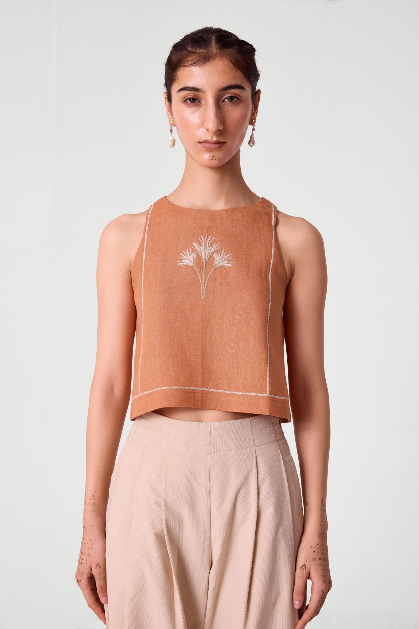 Toni Apricot Embroidered Linen Top