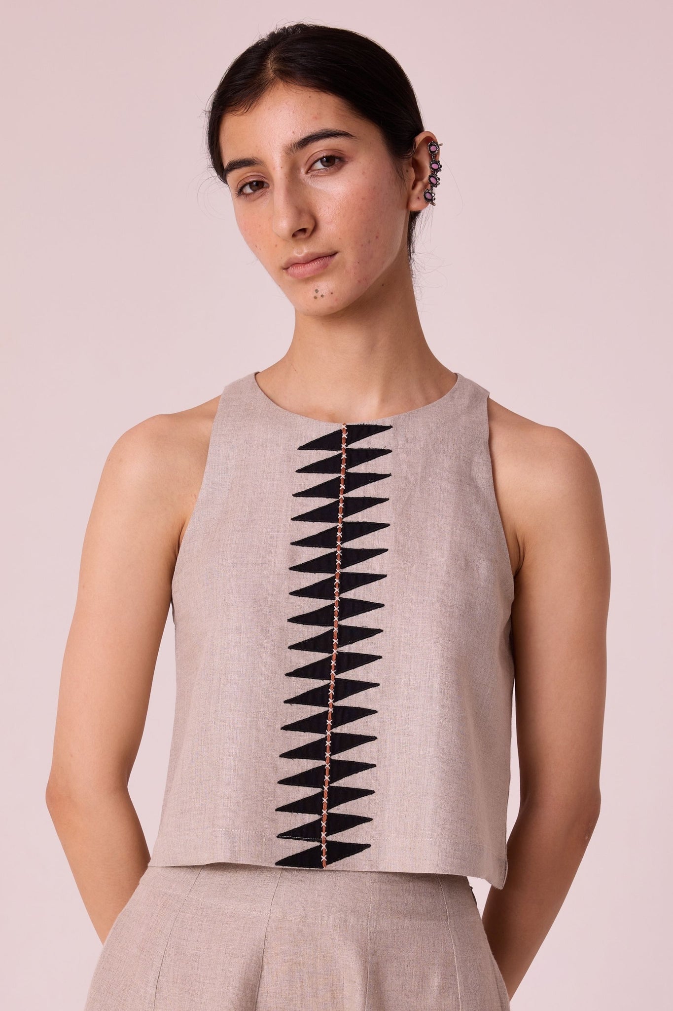 Toni beige Embroidered Linen Top