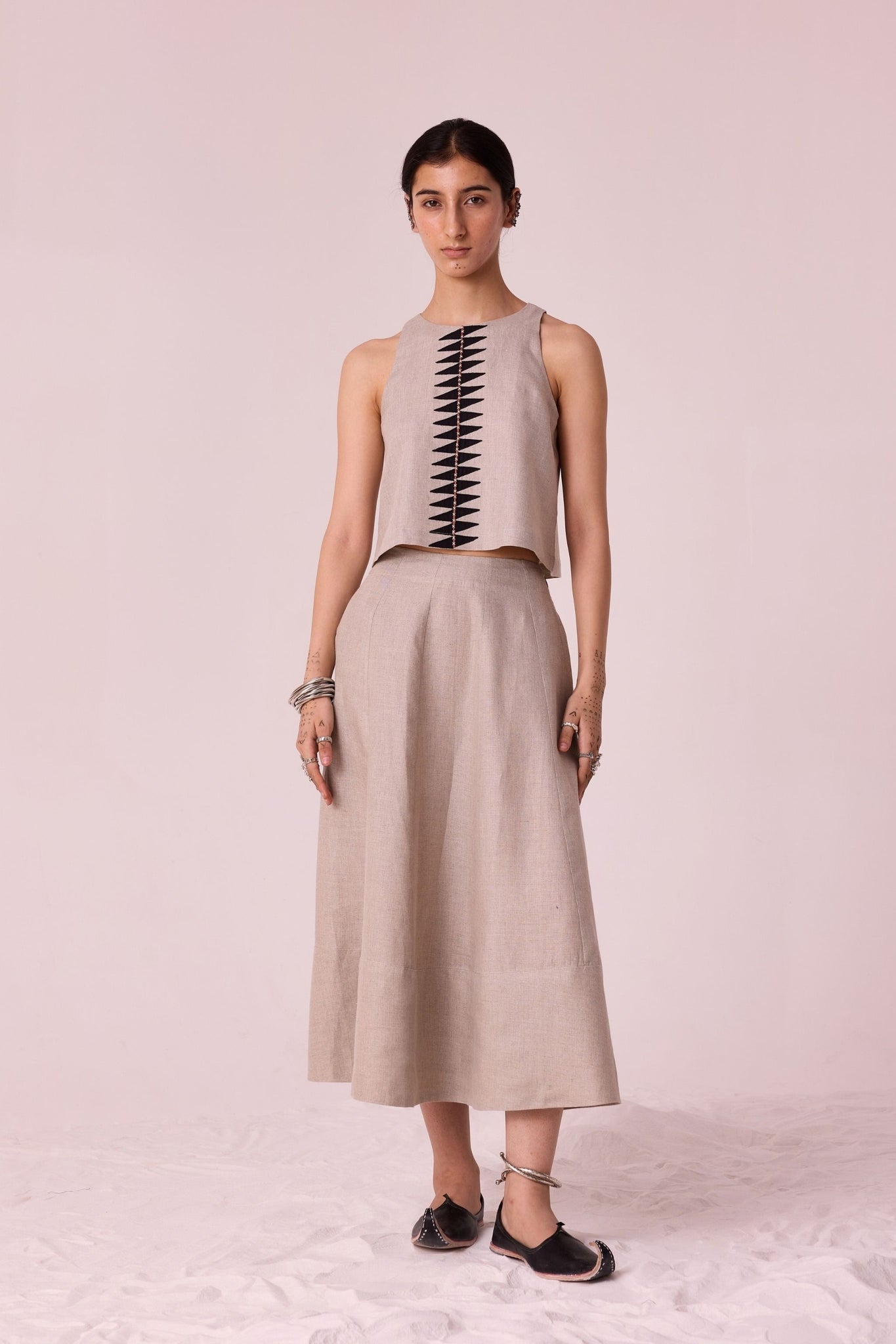 Toni beige Embroidered Linen Top