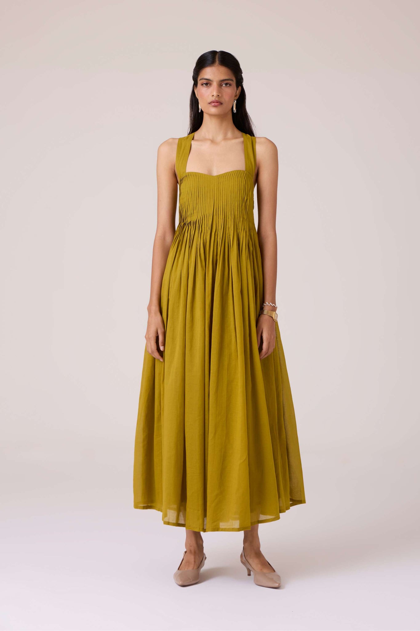 Erato Olive Pleated Dress