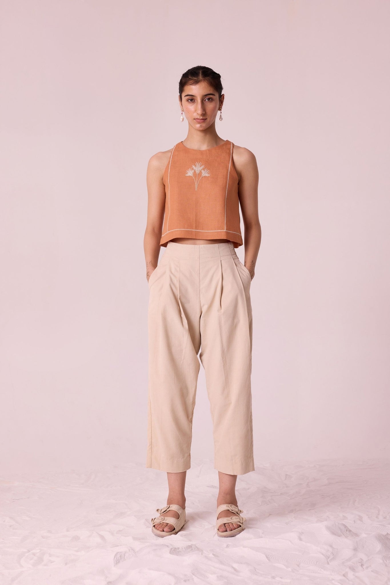 Toni Apricot Embroidered Linen Top