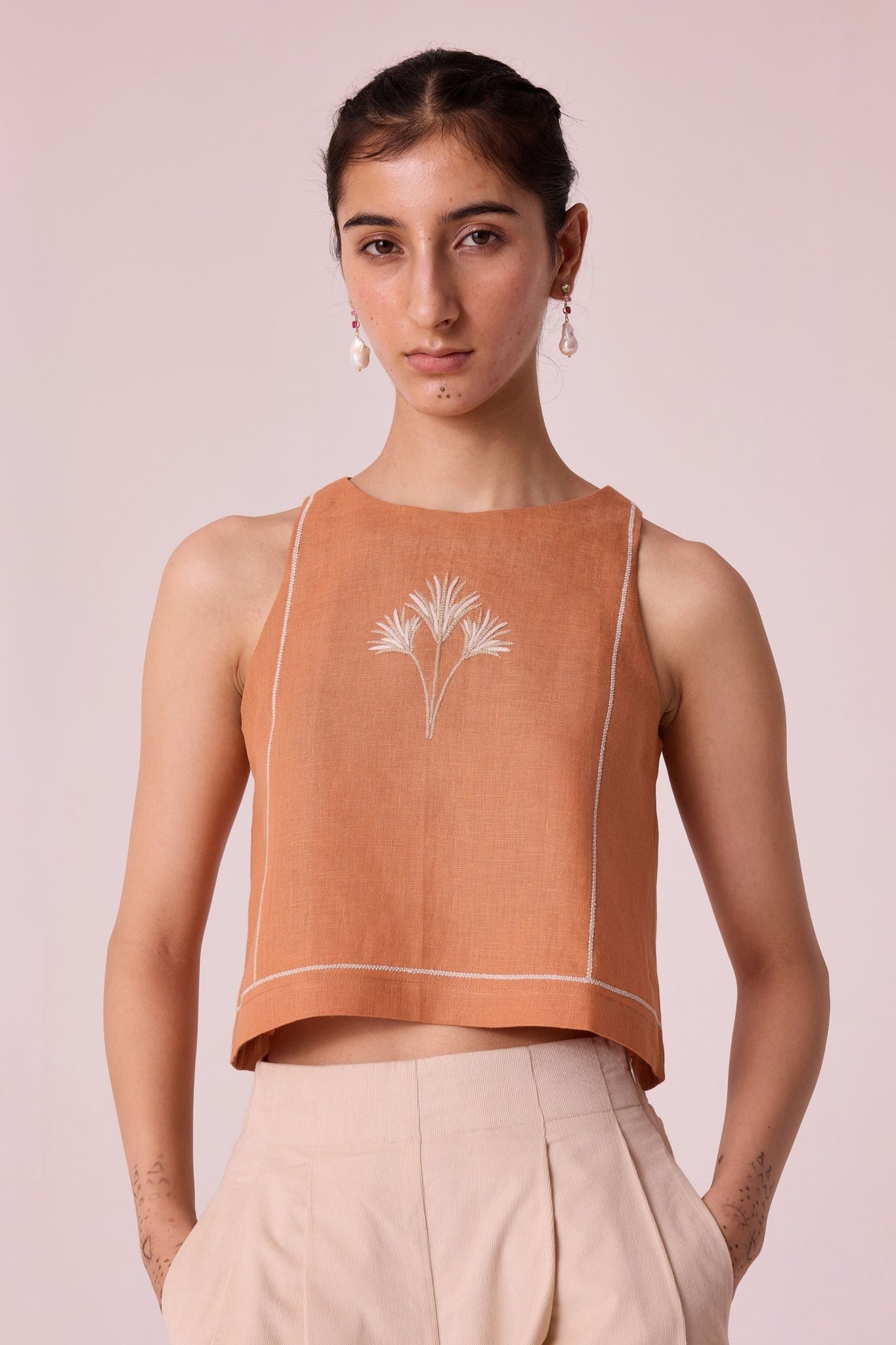 Toni Apricot Embroidered Linen Top