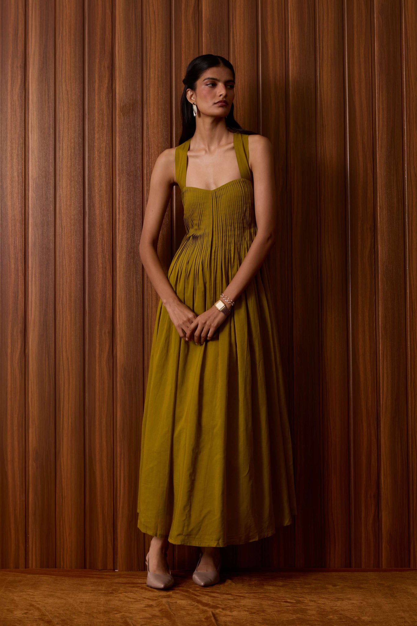 Erato Olive Pleated Dress