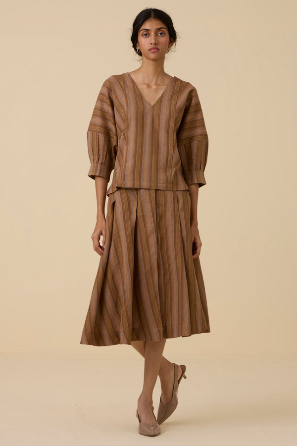 Faizaan Brown Stripe Pleated Skirt