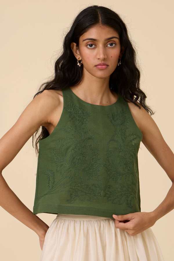 Olena Green Embroidered Top