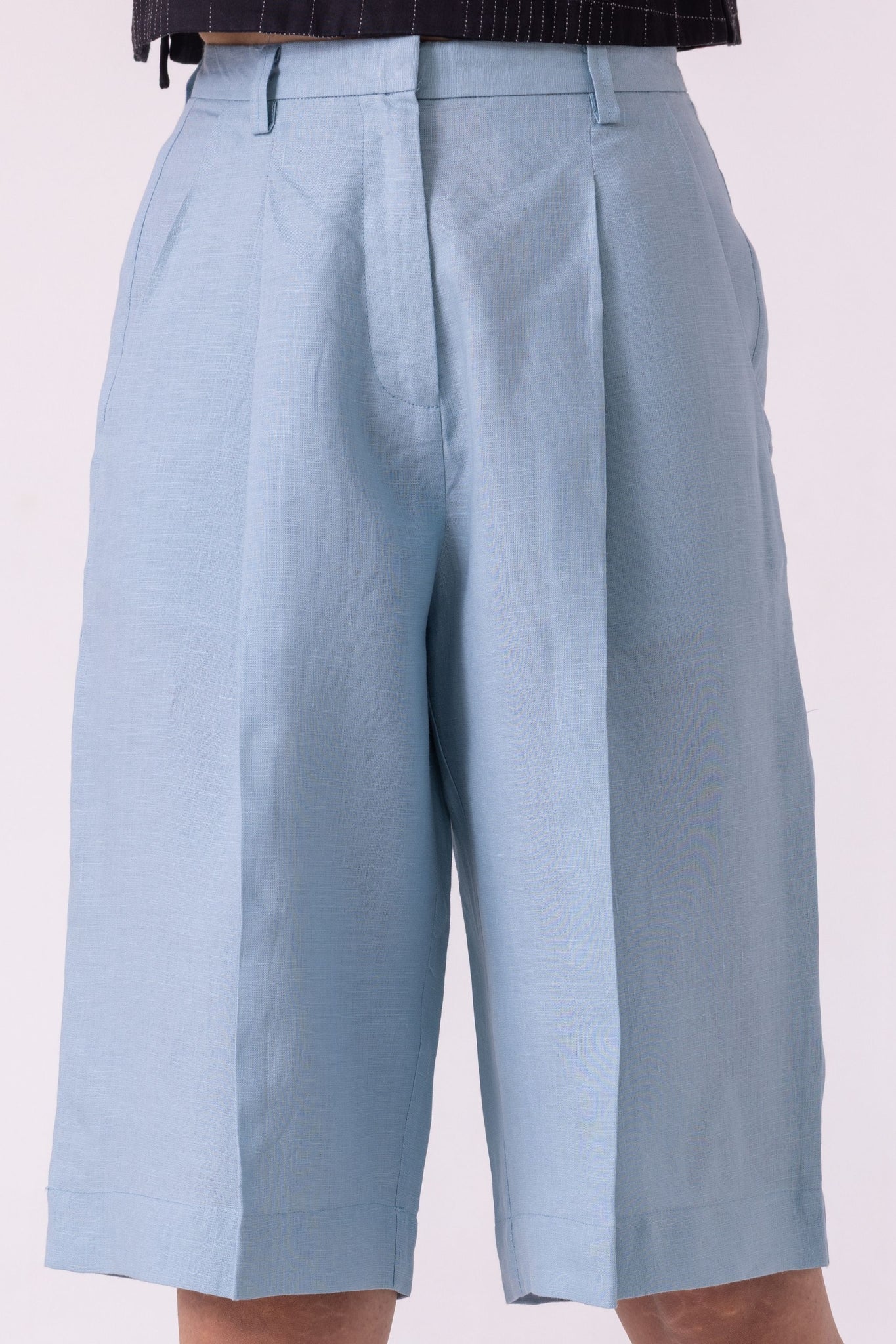 March Blue Linen Pleated Shorts