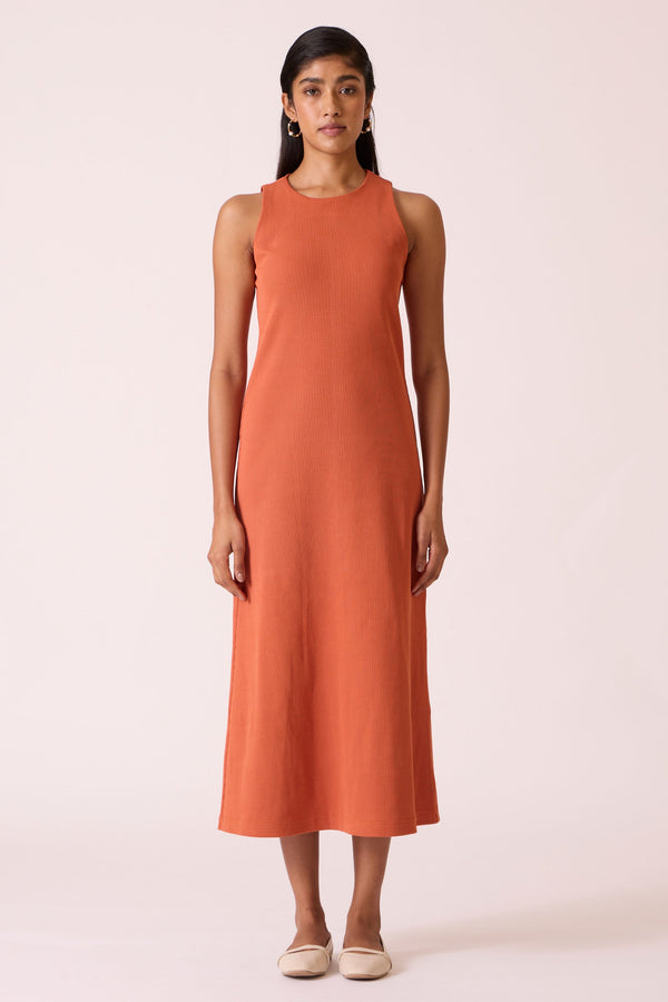 Asuka Orange Cotton Midi Dress