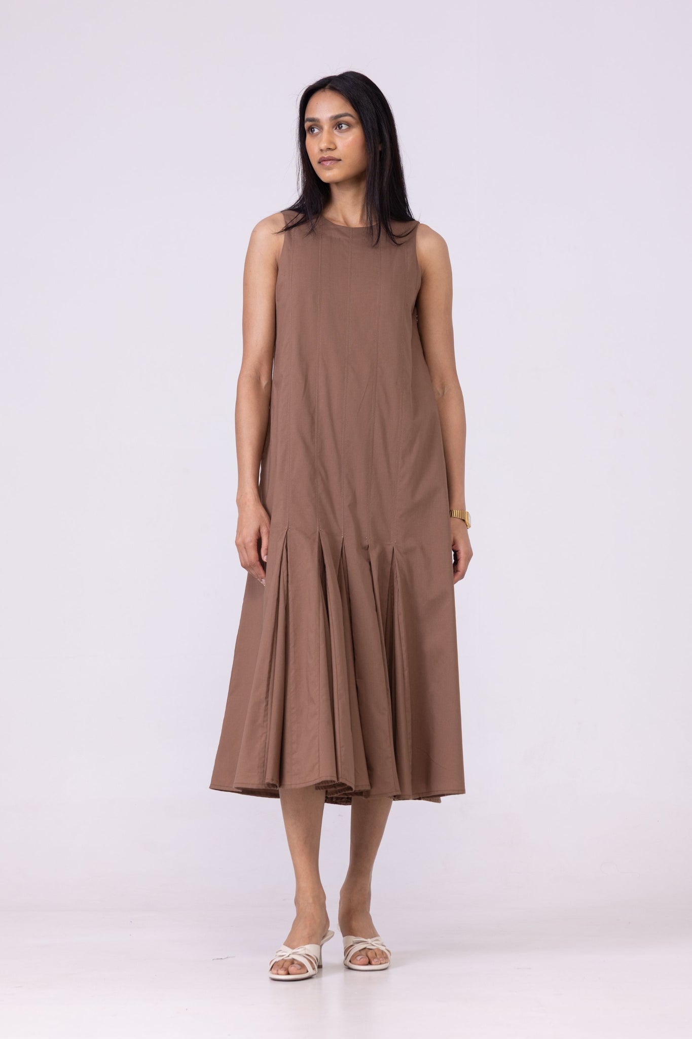 Arwen Brown Pleated Midi Dress