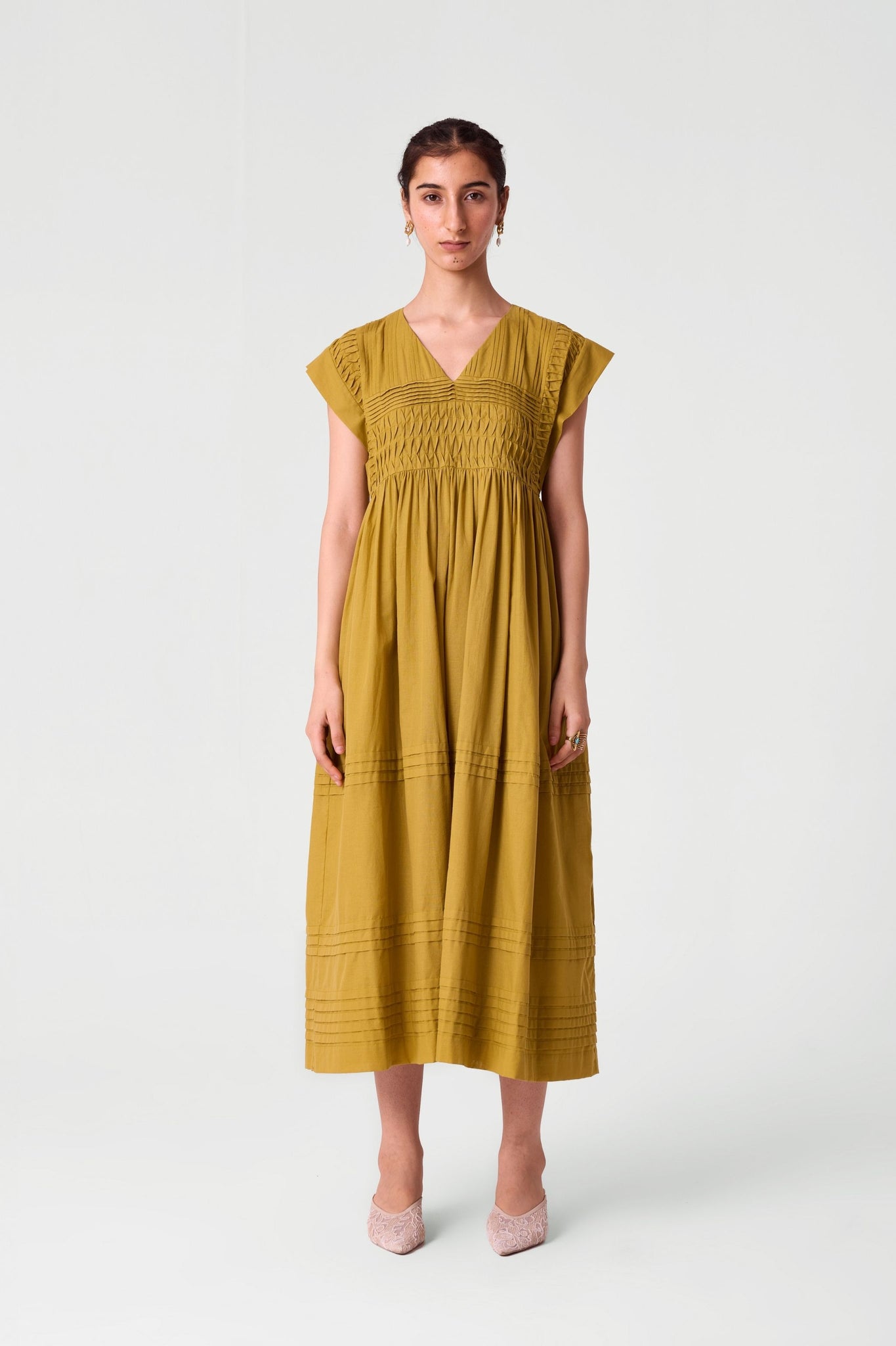 Aelia Yellow Pleated Midi Dress
