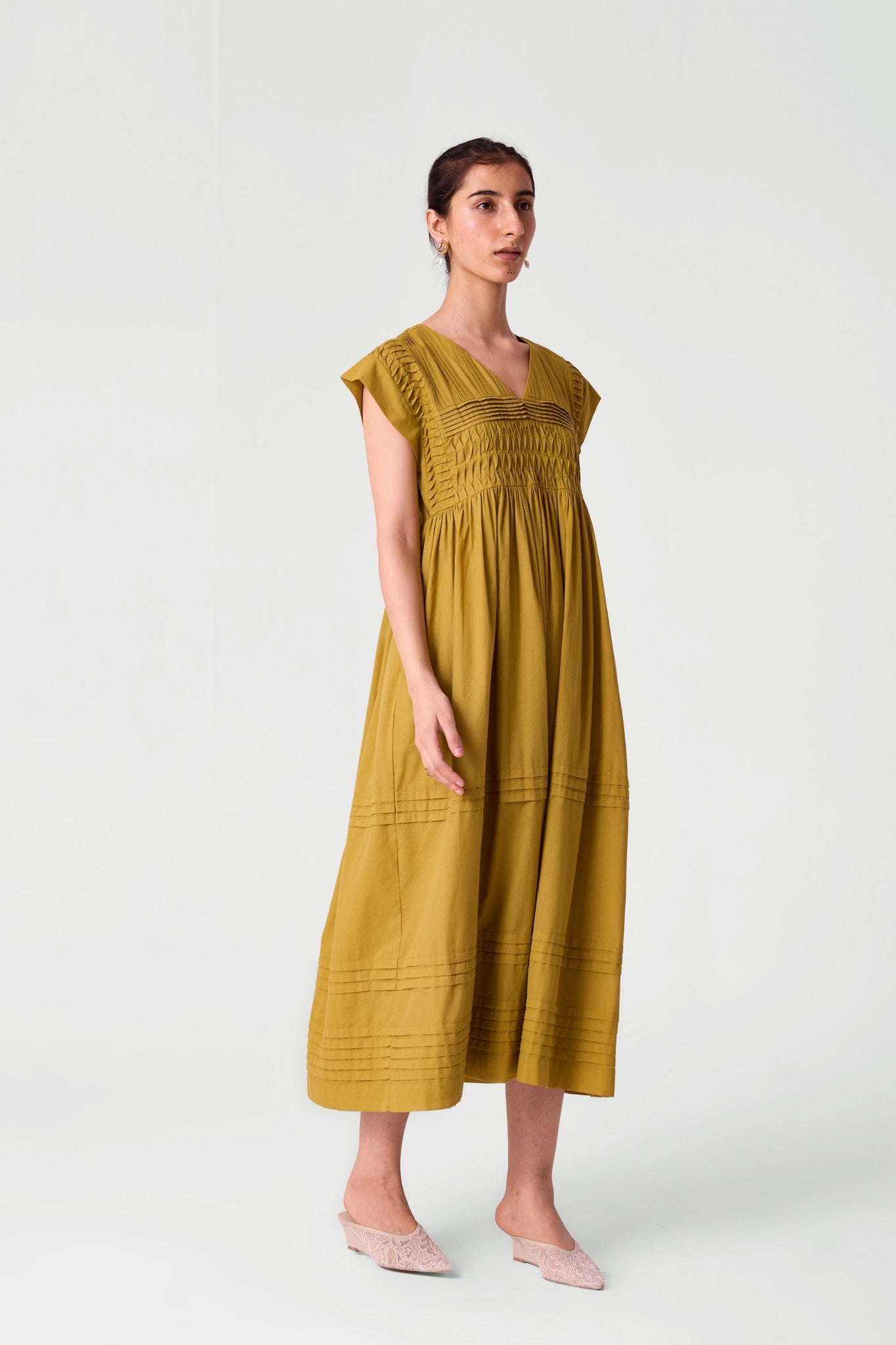Aelia Yellow Pleated Midi Dress