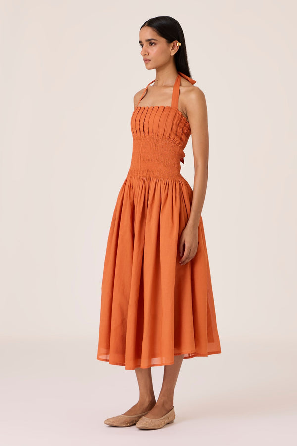 Aisha Apricot Pleated Midi Dress