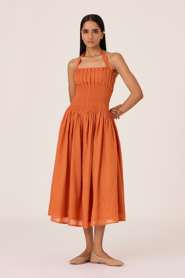 Aisha Apricot Pleated Midi Dress