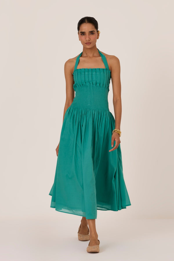 Aisha Cyan Pleated Midi Dress