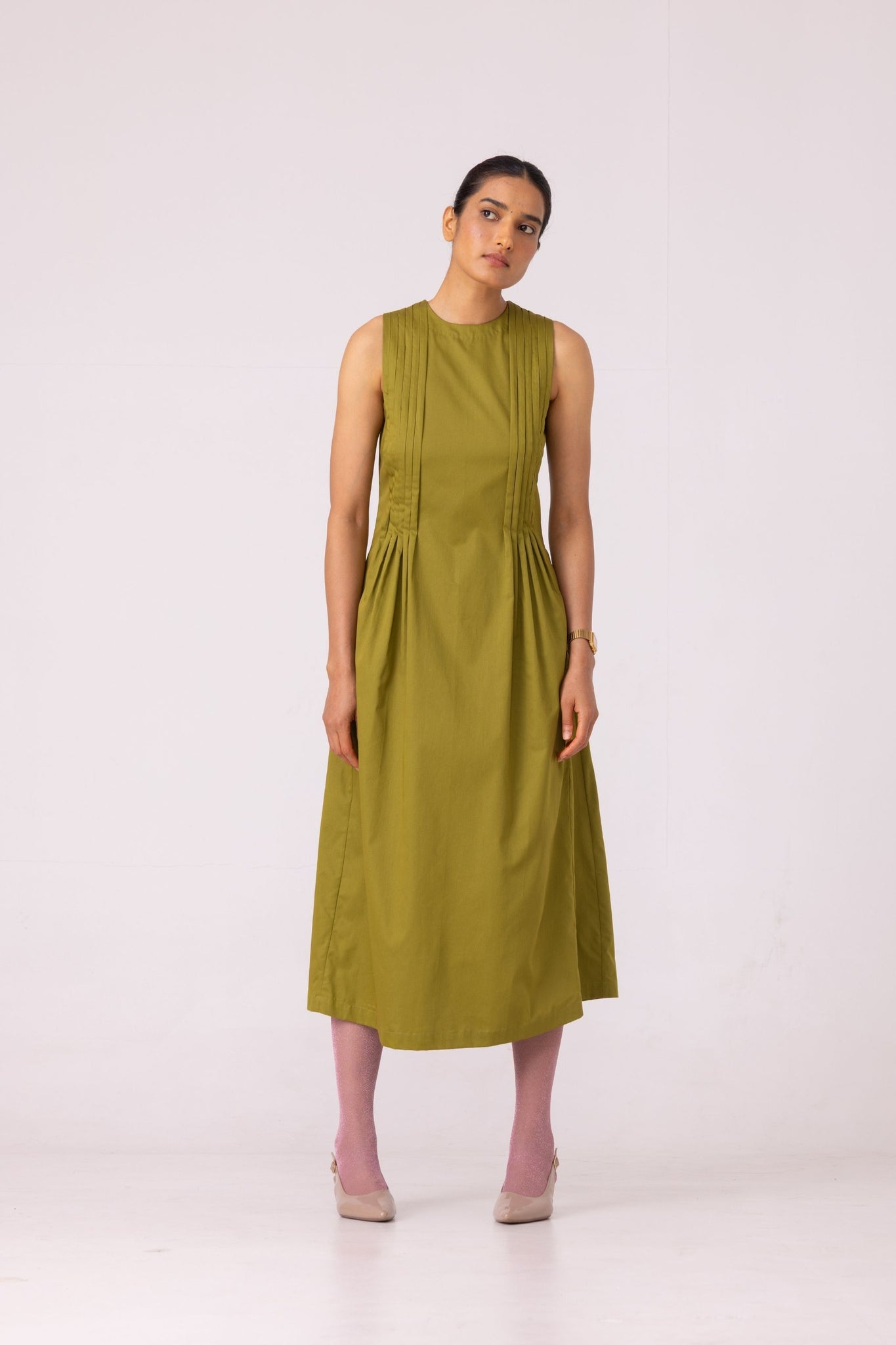 Indika Green Pleated Midi Dress