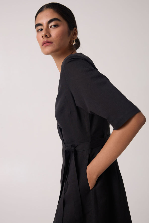 Arandi Black Wrap Dress with Sleeves