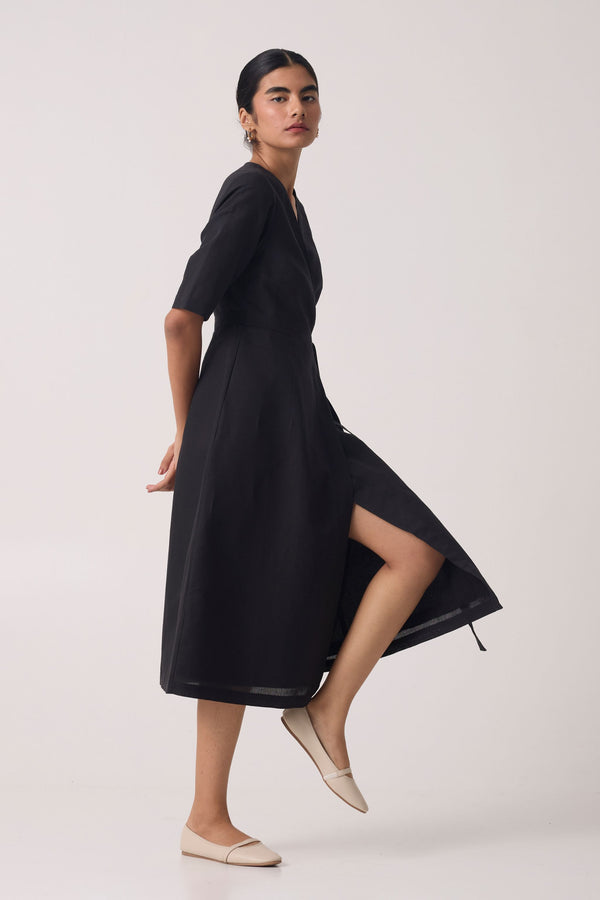 Arandi Black Wrap Dress with Sleeves