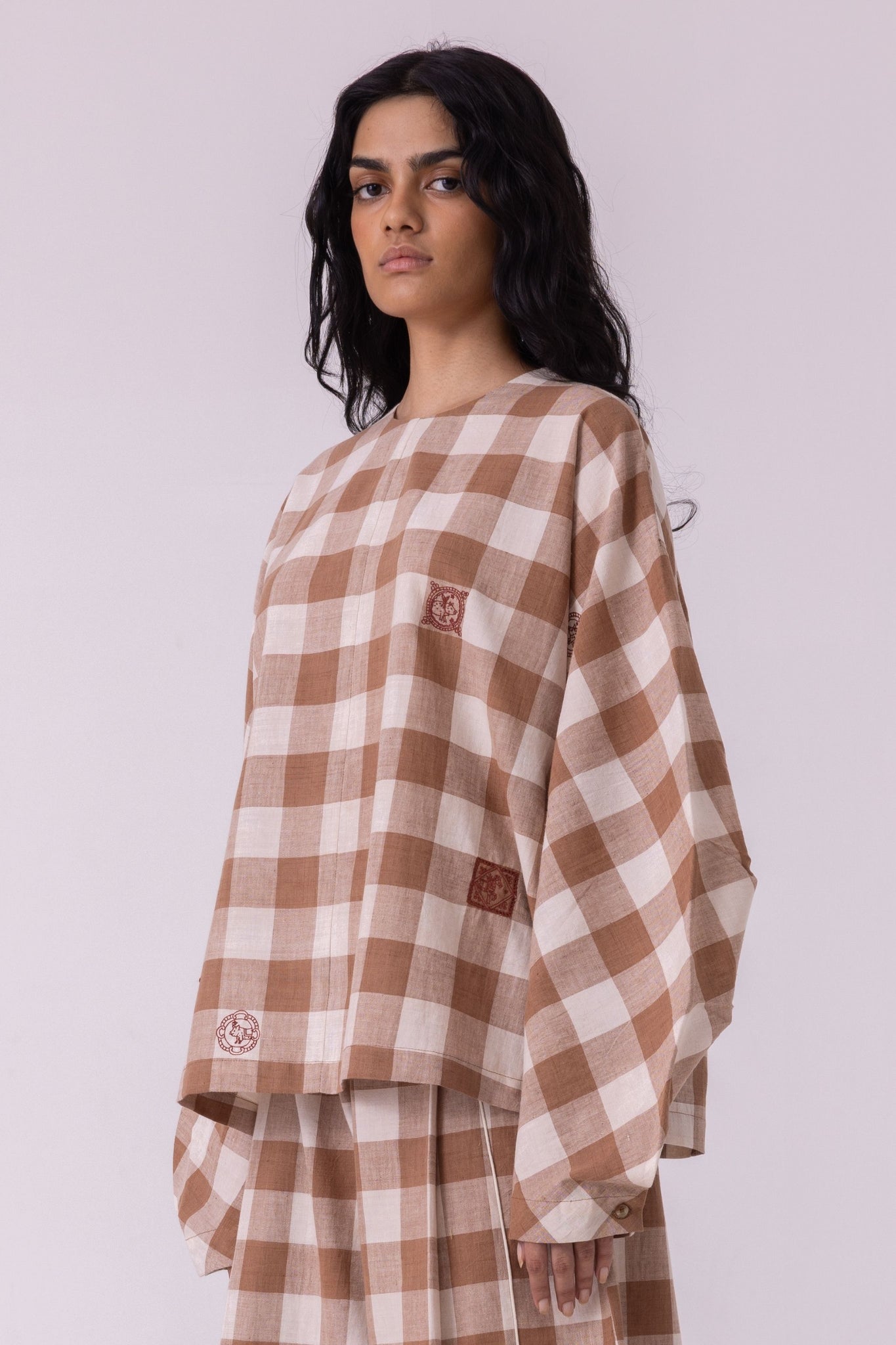 Libby Brown Checkered Handwoven Top