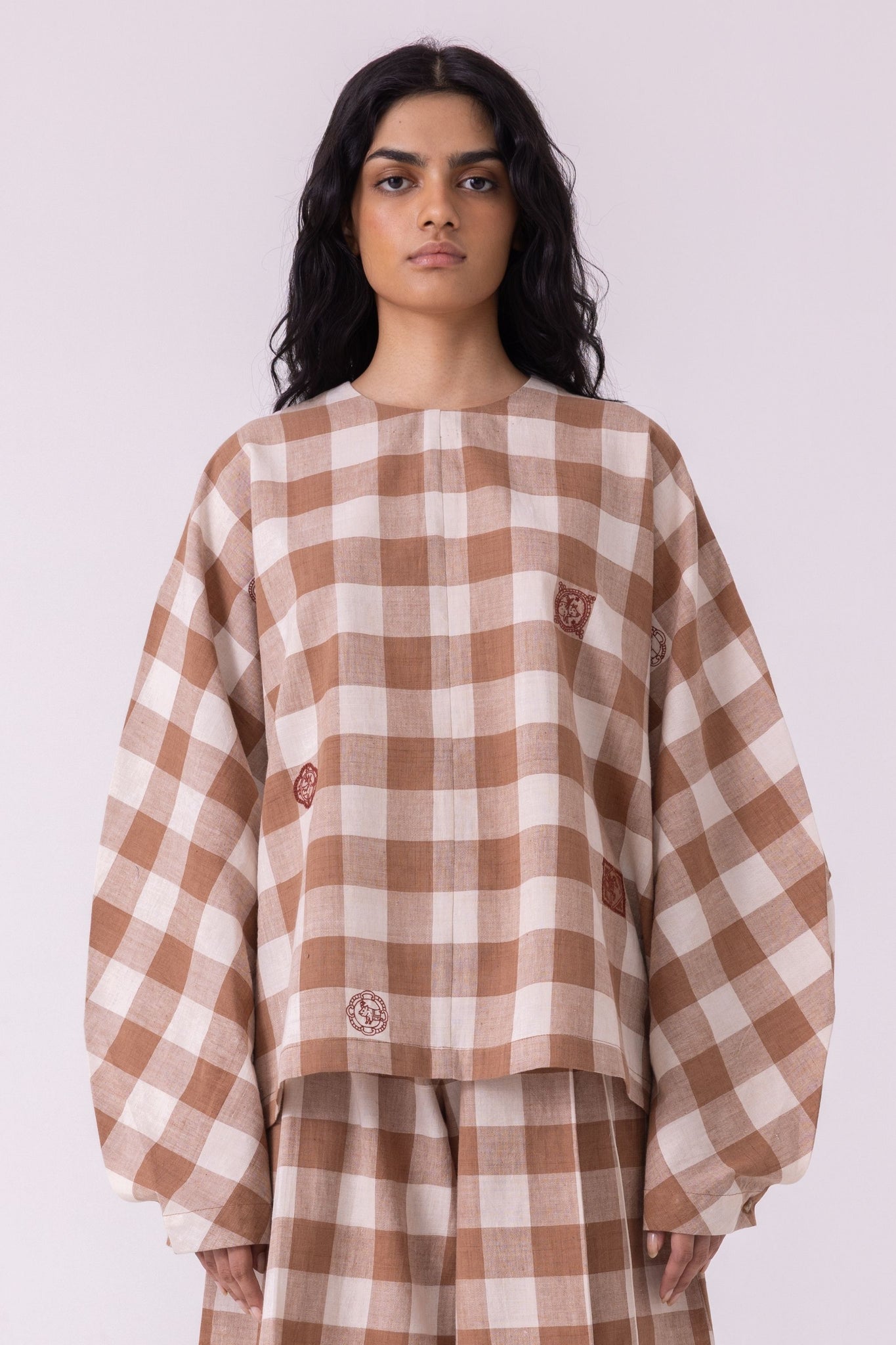 Libby Brown Checkered Handwoven Top