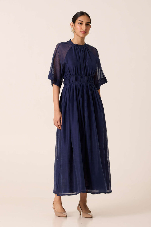 Arha Navy Ruched Handwoven Dress