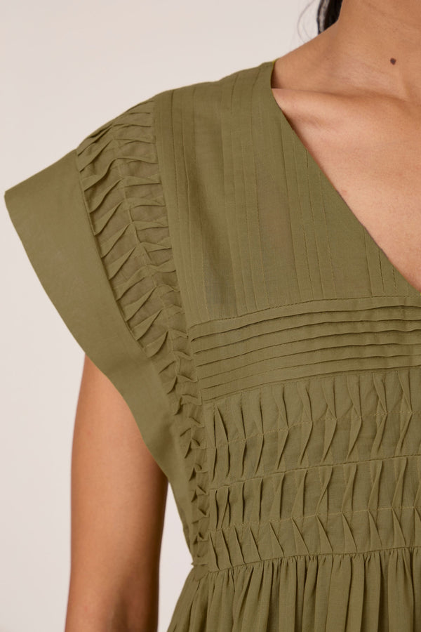 Aelia Olive Pleated Midi Dress