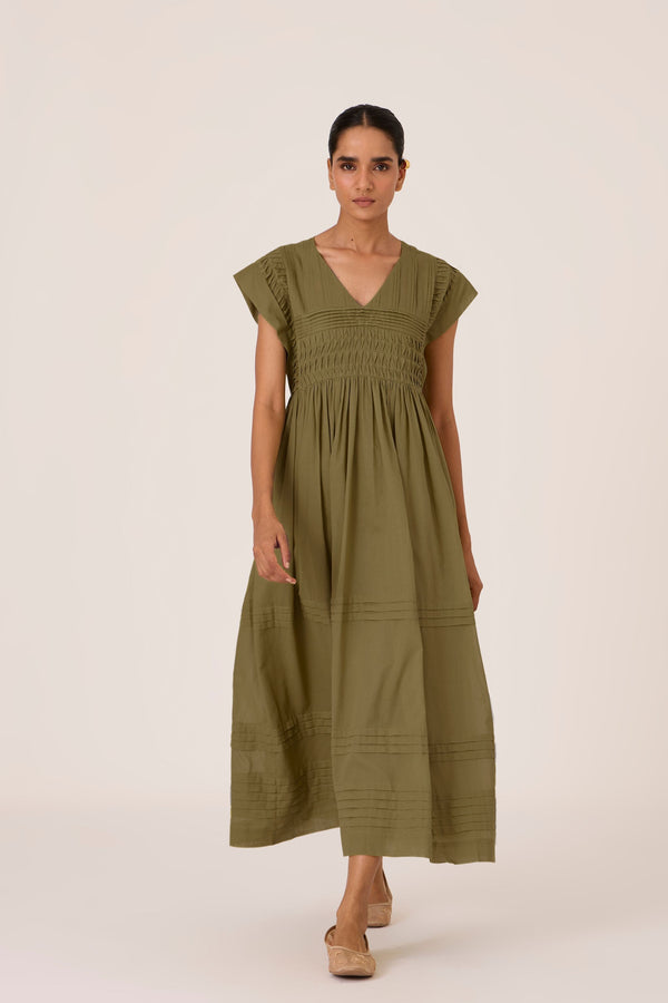 Aelia Olive Pleated Midi Dress