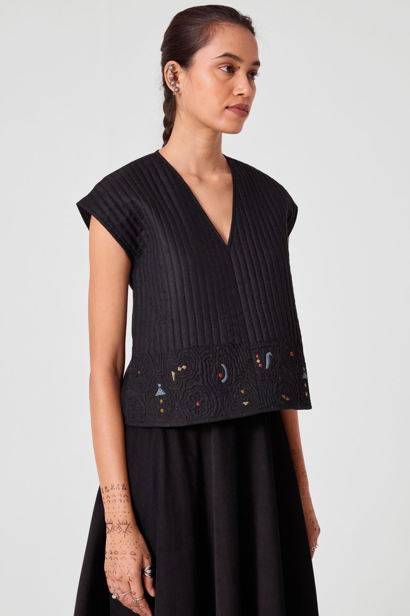 Yamika Black Quilted Embroidered Top