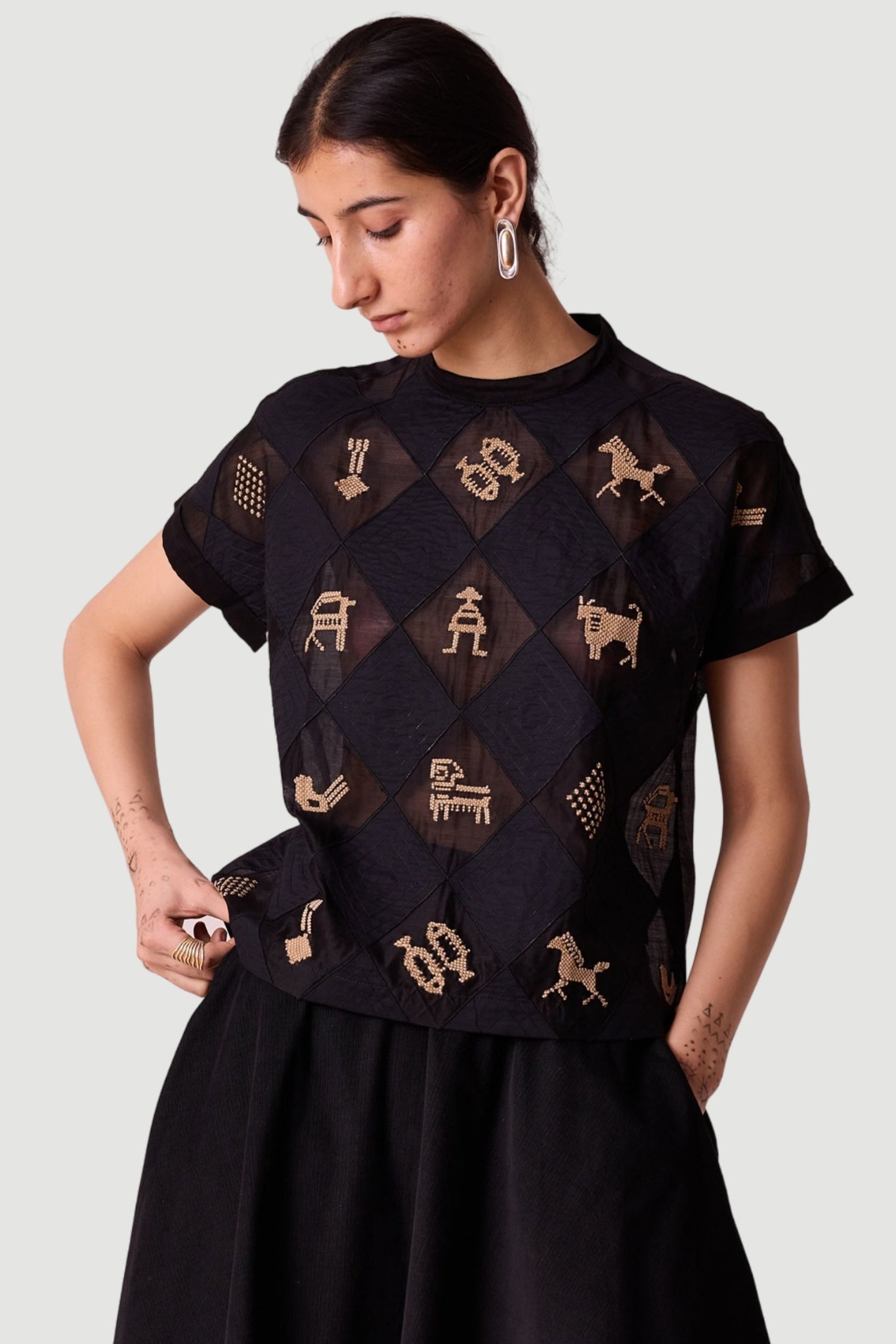 Rayya Black Handwoven Embroidered Top