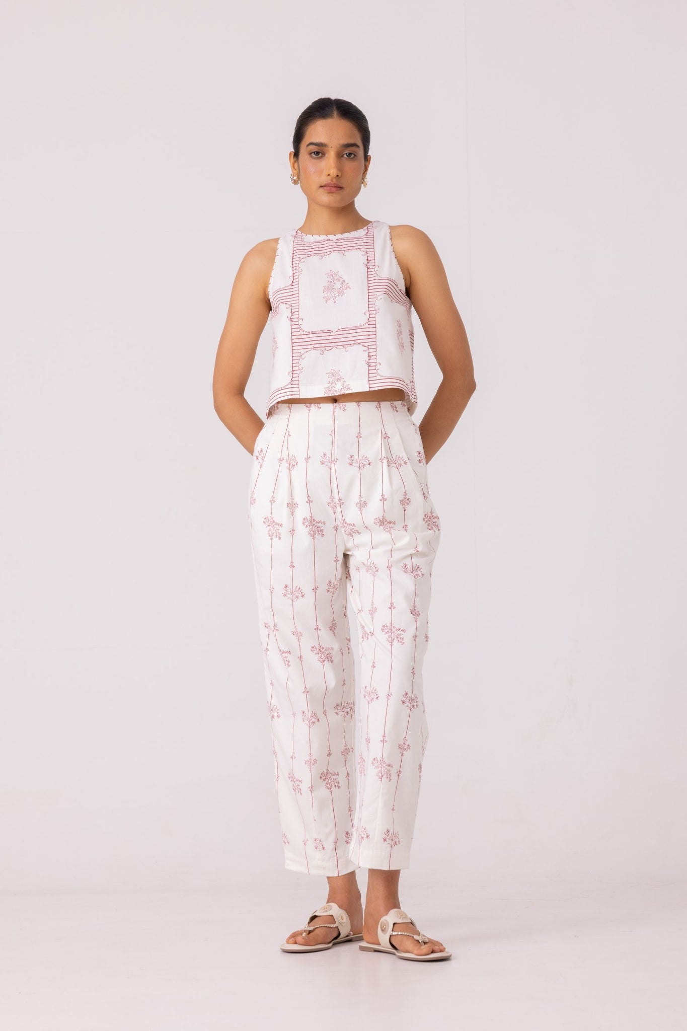 Ratan Red Hand Printed Pants