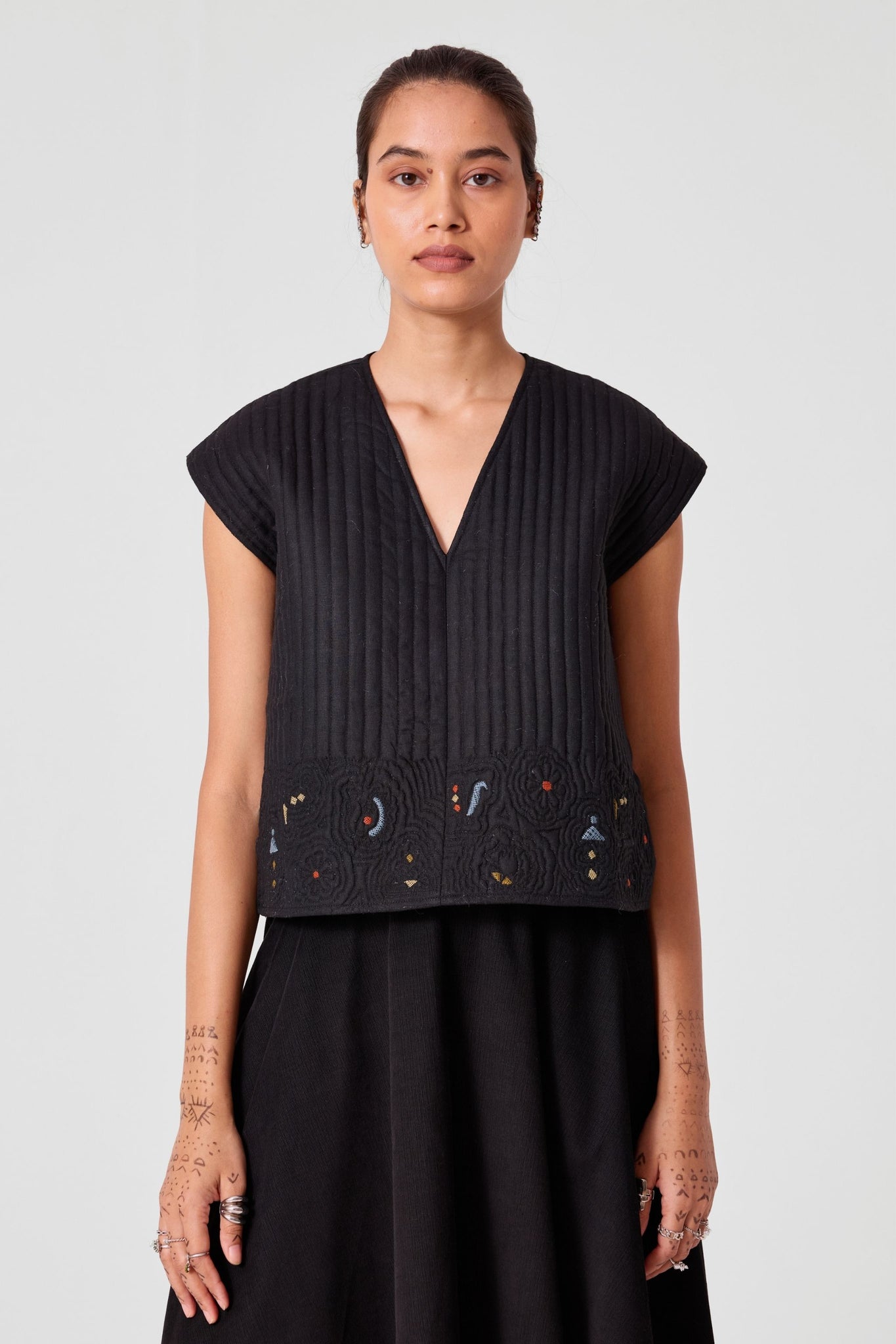 Yamika Black Quilted Embroidered Top