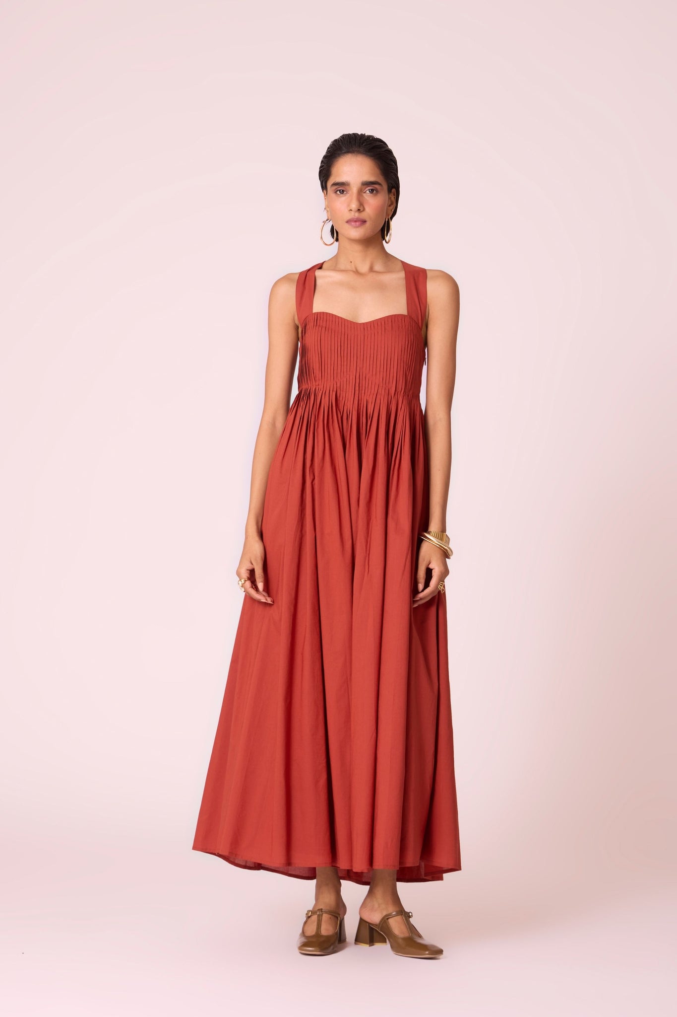 pleated rust dress Rust Pleated Front Cutout Back Tie Midi Dress PinkBlush