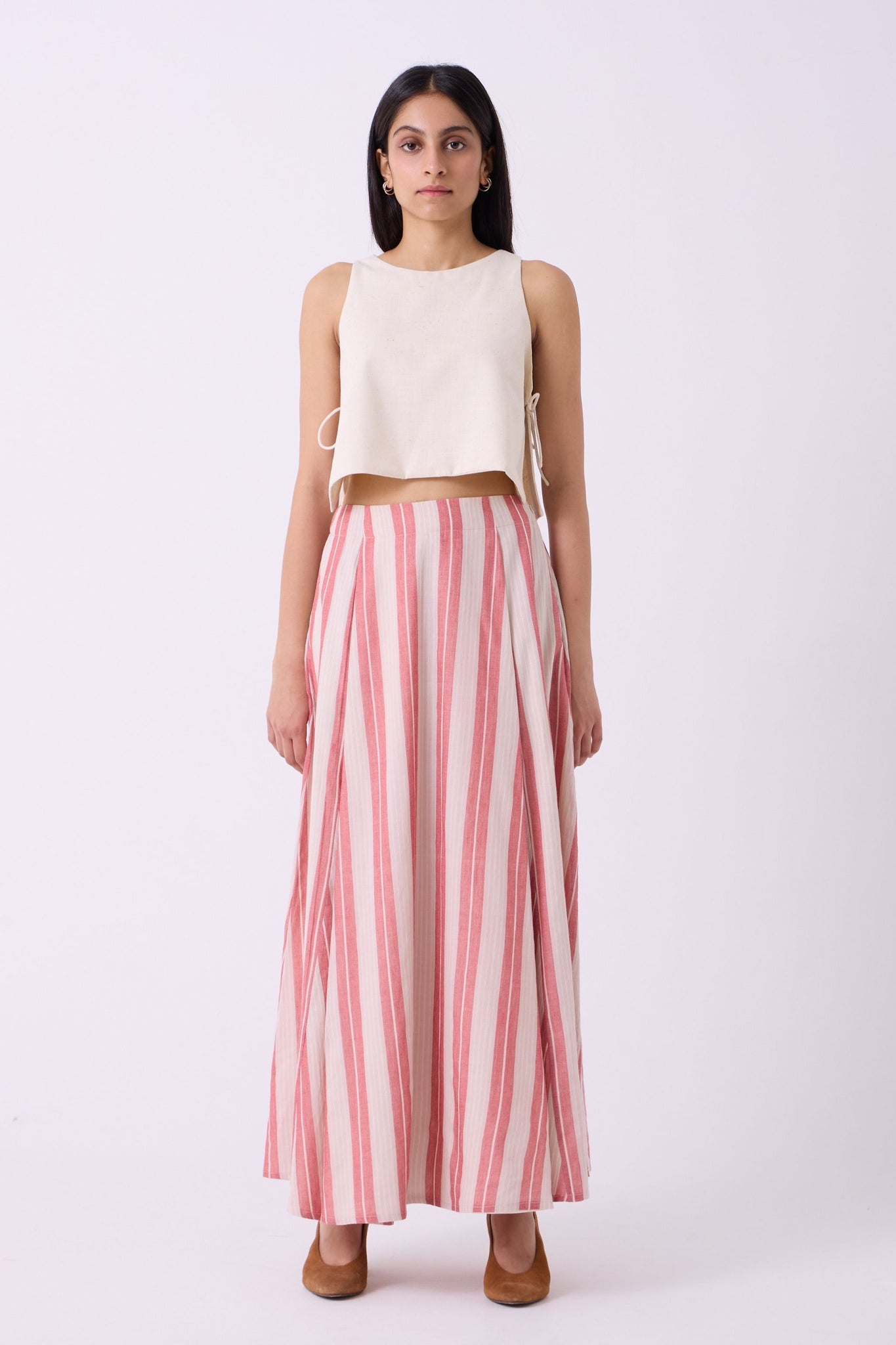 Sen Red Striped Handwoven Maxi Skirt