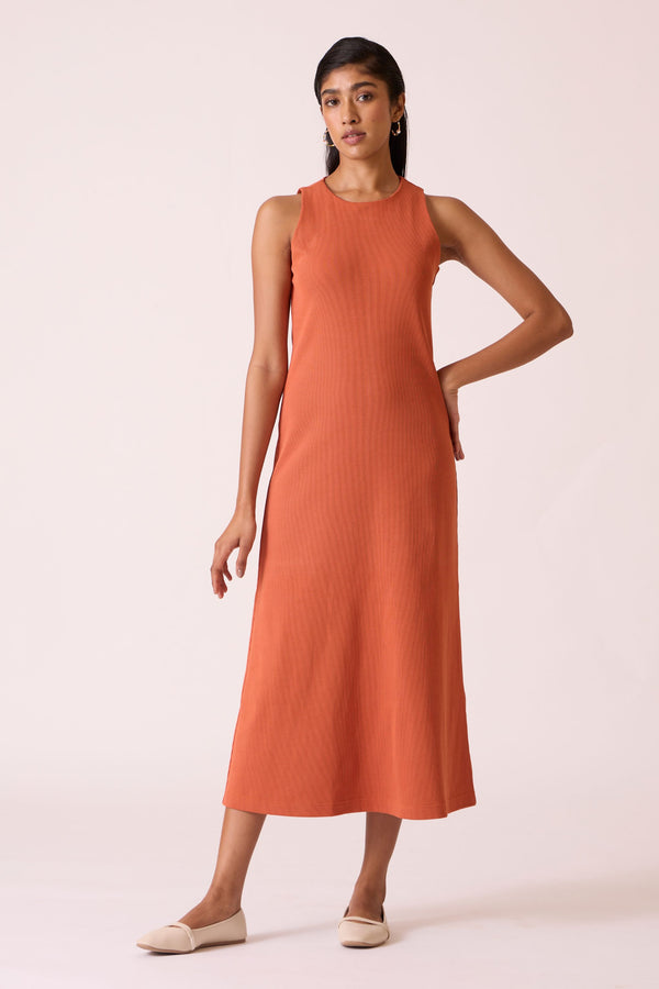 Asuka Orange Cotton Midi Dress