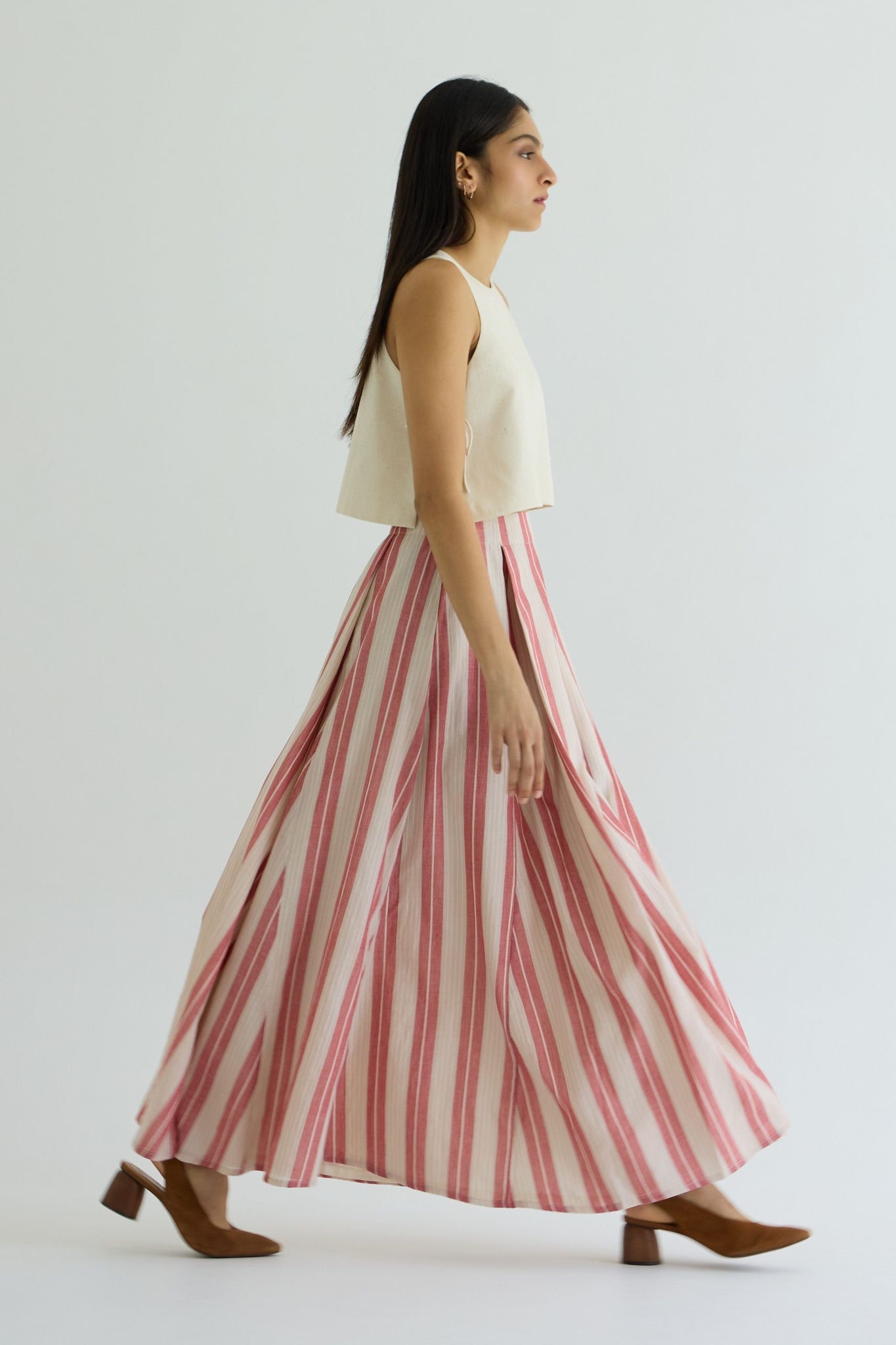 Sen Red Striped Handwoven Maxi Skirt