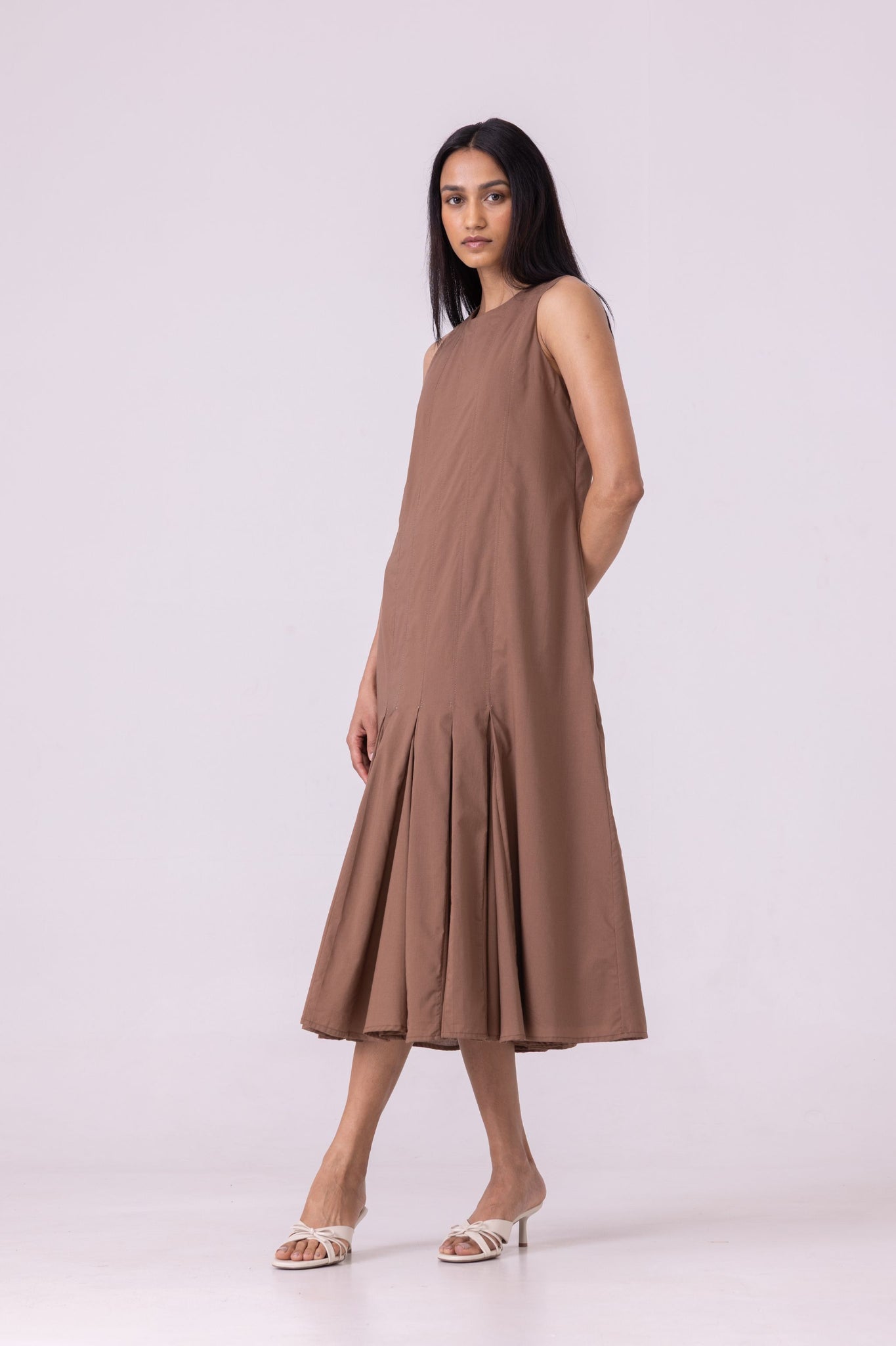 Arwen Brown Pleated Midi Dress