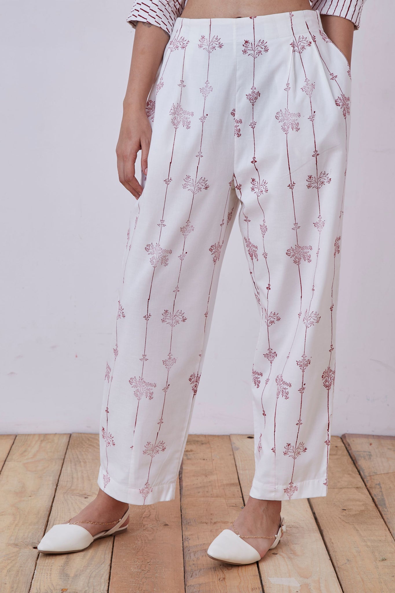 Ratan Red Hand Printed Pants