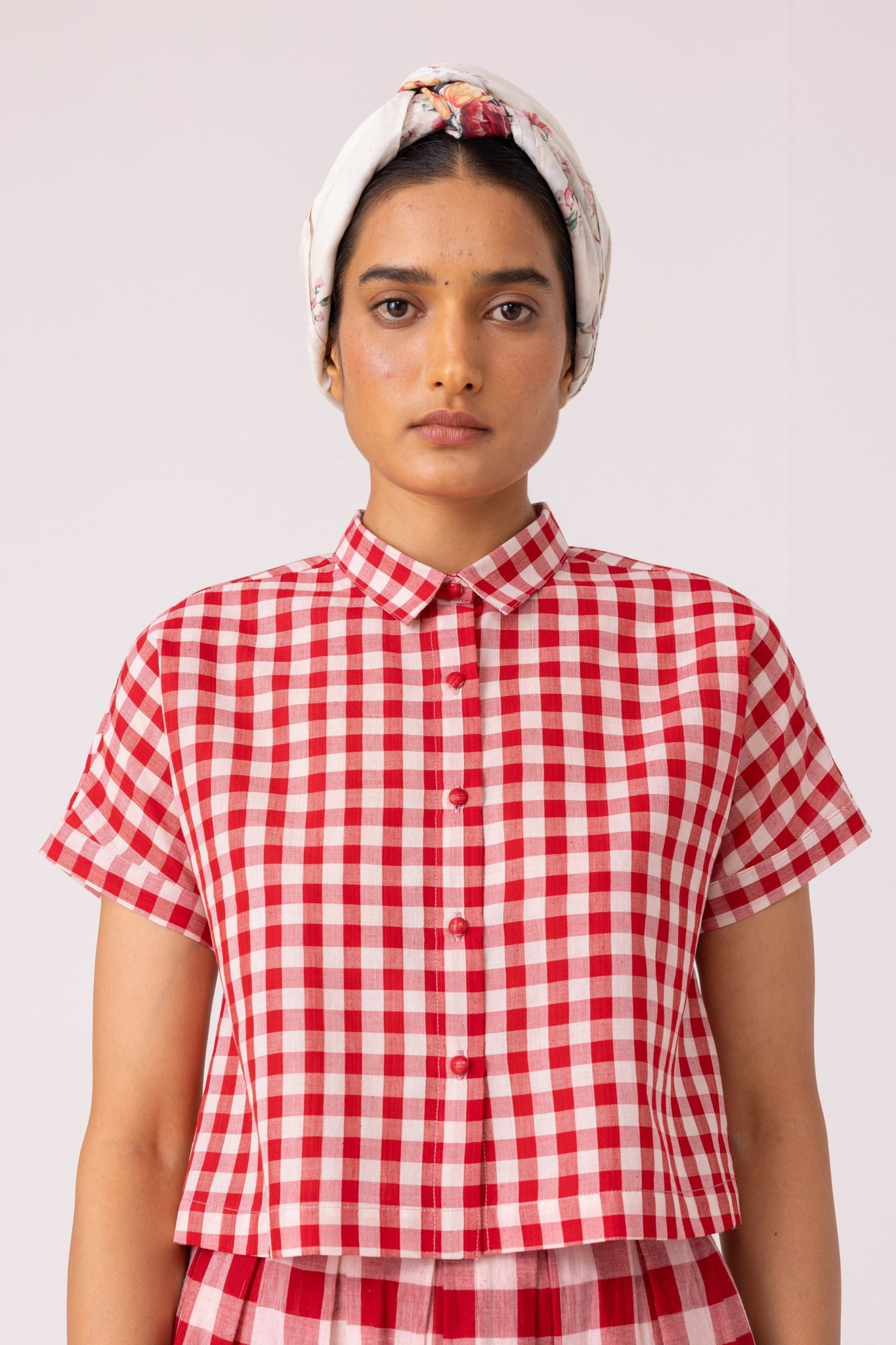 Emily Red Checkered Handwoven Top