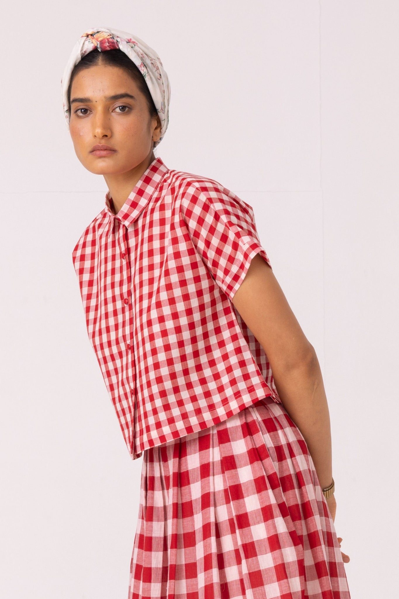 Emily Red Checkered Handwoven Top