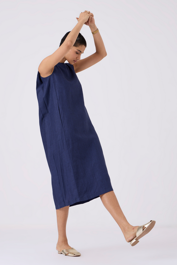 Noj Indigo Weave Linen Midi Dress