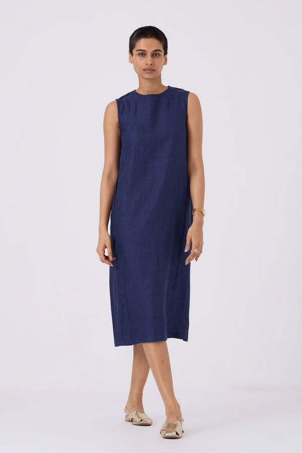 Noj Indigo Weave Linen Midi Dress