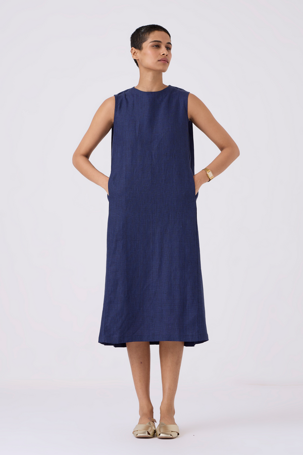 Noj Indigo Weave Linen Midi Dress