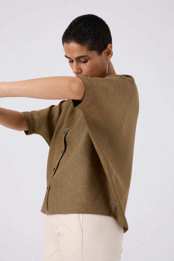 Olive Linen Dolman Sleeve Shirt