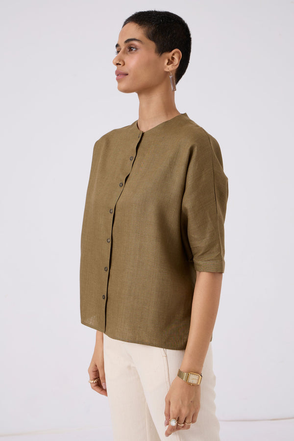 Olive Linen Dolman Sleeve Shirt