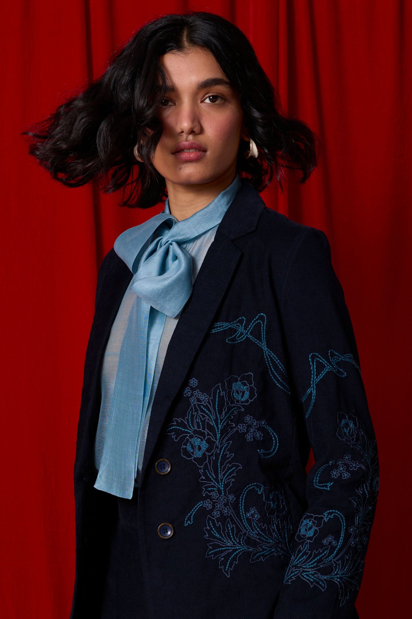 Sera Navy Needlecord Embroidered Jacket