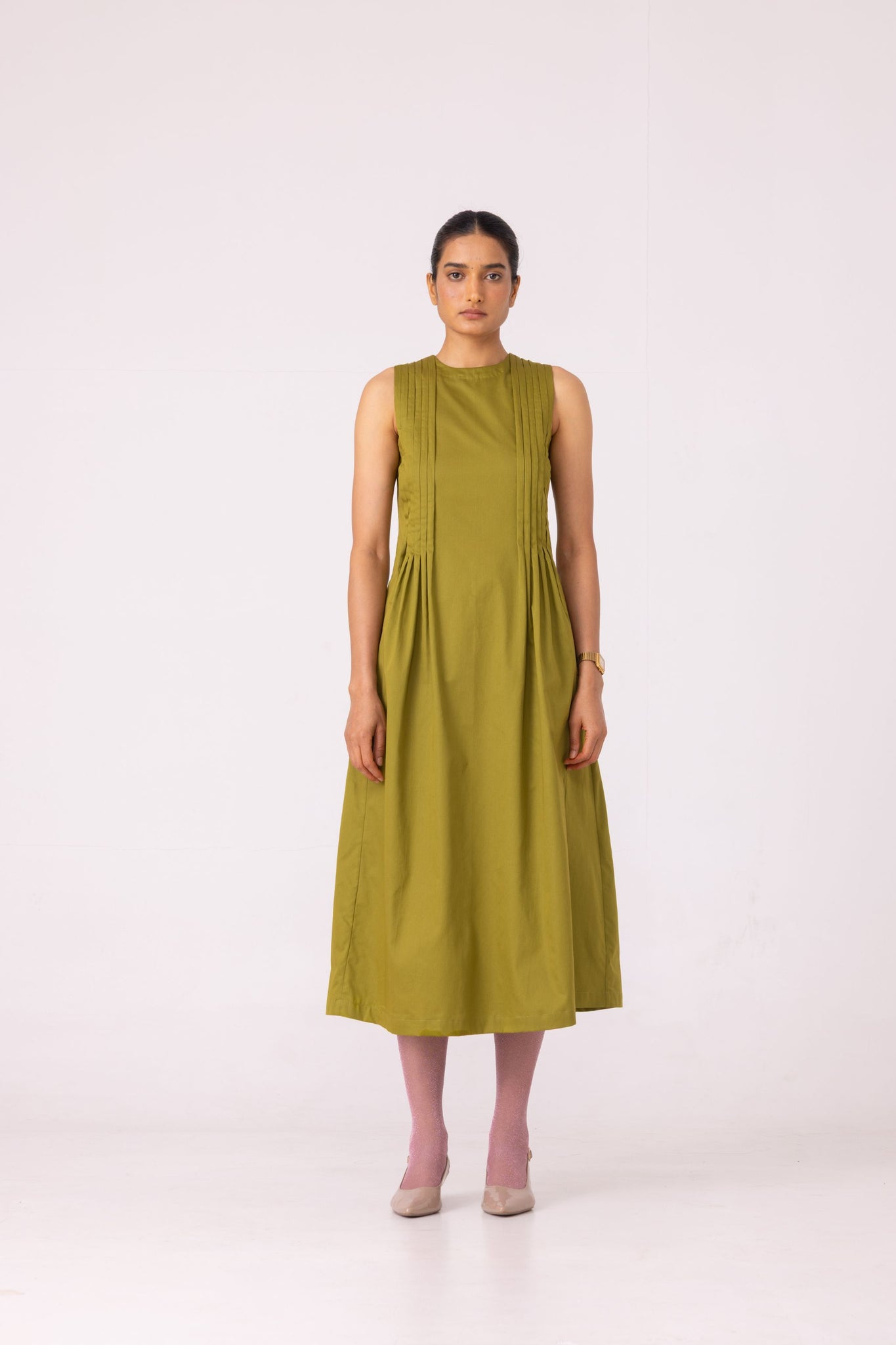 Indika Green Pleated Midi Dress
